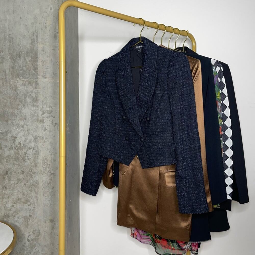 New Express Double Breasted Cropped Bloucle Tweed Long Sleeve Blazer Navy Black